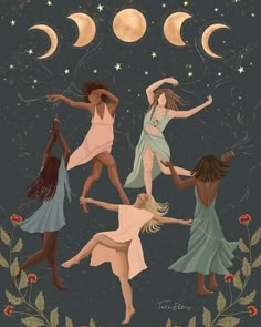 four women are dancing in front of the moon