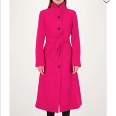 Kate Spade New York Single-Breasted Belted Coat. Nwt. Color Bright Pink But Looks More Like Red. Kate Spade New York Long Coat Approx. 47"L From Shoulder To Hem High Neckline Long Sleeves Self-Tie Belt Single-Breasted Front A-Line Silhouette Side Slip Pockets Below-Knee Length Wool Lining: Polyester Dry Clean Imported Designer Pink Outerwear With Button Closure, Designer Pink Workwear Outerwear, Fitted Belted Pink Outerwear, Elegant Kate Spade Outerwear For Work, Kate Spade Fall Outerwear For Work, Elegant Kate Spade Spring Outerwear, Chic Kate Spade Winter Outerwear, Chic Winter Outerwear By Kate Spade, Kate Spade Fitted Fall Outerwear