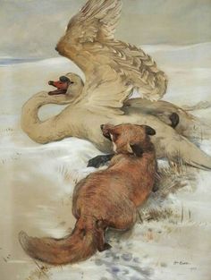 a painting of two dogs and a swan in the snow with one dog looking at another