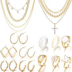 PRICES MAY VARY. 【Must-Have Jewelry Set】 Elevate your style with our handpicked 23-piece gold jewelry set.Get 7 necklaces,6 knuckle rings,and10 dangle earrings.From multi layered necklaces to dangle hoop earrings,it's a treasure trove of trendy and elegant options 【Exquisite Design】 Crafted from high-quality alloy,our gold jewellery set is lightweight and comfy to wear.Double-plated in real gold and tarnish-resistant,lead and nickel free,these hypoallergenic pieces promise lasting shine and no s Necklaces Dainty, Gold Jewelry Sets, Dangle Hoop Earrings, Packing Jewelry, Multi Layer Necklace, Knuckle Rings, Earrings Cute, Jewellery Set, Trendy Gift