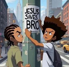 two young boys standing next to each other near a pole with the words jesus saves bro written on it