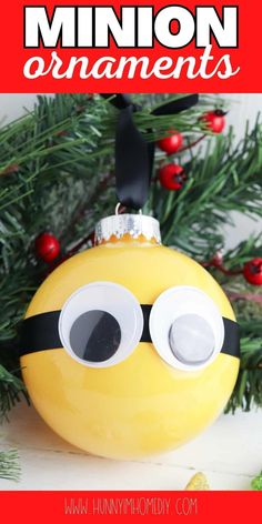 a minion ornament hanging from a christmas tree with the words, how to make