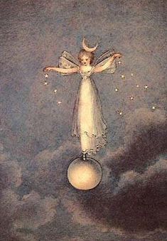 an angel standing on top of a white ball in the sky with stars around it