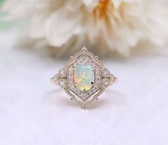 Opal Ring With Gemstone Accents For Anniversary, Rose Gold Halo, Opal Band, Birthday Ring, Gold Halo, Pretty Rings, Onyx Ring, Dainty Ring, Halo Engagement