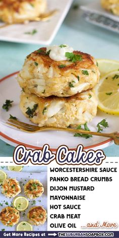 crab cakes with lemons and parsley on the side are featured in this ad for crab cakes