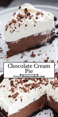 chocolate cream pie on a white plate with text overlay