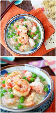 two pictures of shrimp, peas and rice in a bowl