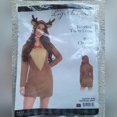 the costume is made to look like a woman wearing reindeer ears and holding a toothbrush in her mouth