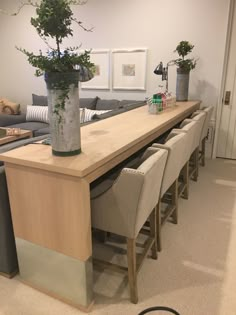 a long table with chairs and plants on it in the middle of a living room