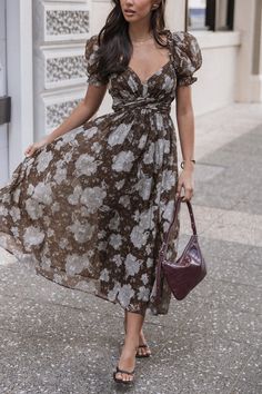 Farryn Maxi Dress - Brown/Grey Puff Sleeve Design, Party Looks, A Romantic, Black Maxi Dress, Sleeve Designs, Strappy Sandals, Tie Back, Empire Waist, Timeless Style