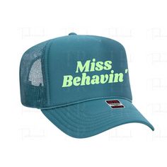 Miss Behavin' high quality, foam/mesh trucker with adjustable snapback and slightly curved bill. Custom requests welcome!   Thank you for visiting my shop. Adjustable Mesh Hat With Letter Print, Retro Adjustable Snapback Mini Hat, Curved Brim Mesh Hats With Letter Print, Adjustable Snapback With Letter Print, Hip Hop Trucker Hat With Letter Print Visor, Adjustable Green Hip Hop Trucker Hat, Mesh Baseball Cap With Letter Print And Curved Brim, Mesh Snapback Hat With Letter Print, Retro Adjustable Mesh Hat