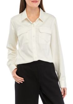 A classic style gets a modern update on this lovely woven button-down top from Gloria Vanderbilt. Style it with your choice of pants for a sharp finish. | Gloria Vanderbilt Women's Devyn Woven Bleached Linen Top, Medium Fall Office Shirt With Welt Pockets, Office Shirt With Welt Pockets For Fall, Spring Business Casual Blouse With Pockets, Versatile Blouse With Button Closure For Work, Spring Workwear Shirt With Hidden Button Closure, Classic Button-up Blouse With Welt Pockets, Versatile Workwear Shirt With Placket, Office Wear Button-up Shirt With Pockets, Formal Button-up Top With Pockets