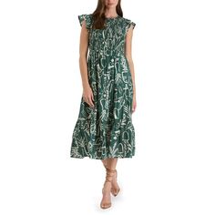 The August Sky Women's Floral Smocked Flutter Sleeves Midi Dress is a perfect blend of elegance and charm. Featuring short flutter sleeves and a round neckline with a behind-the-neck button keyhole opening, this dress adds a touch of sophistication. The smocked bodice and elastic waistband provide a flattering fit, while the tiered skirt adds graceful movement. Lined to prevent sheerness, the floral print gives it a fresh and feminine look. Ideal for any occasion, this midi dress offers style an Graceful Movement, Maxi Bodycon Dress, Womens Muscle Tank, Ruched Midi Dress, Mini Skater Dress, Midi Dress With Sleeves, Dress Medium, Feminine Look, Tiered Skirt