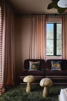 a living room with two couches and some mushrooms on the carpet in front of it