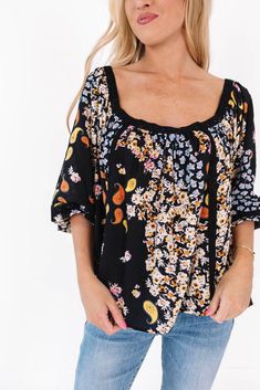 Back to Blue Ridge Top - Black Black Rayon Summer Blouse, Casual Black Flowy Blouse, Black Rayon Blouse For Summer, Black Rayon Top With Relaxed Fit, Black Rayon Tops With Relaxed Fit, Black Casual Rayon Tops, Casual Black Rayon Tops, Black Rayon Blouse For Fall, Blue Ridge