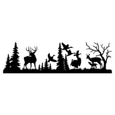 deer in the woods with trees and birds silhouetted on white wall art sticker