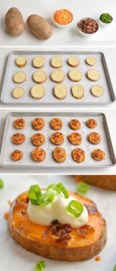 there are many different types of food on the trays, including potatoes and other foods