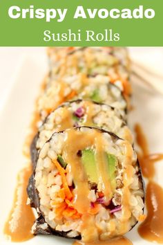 the sushi rolls are covered in sauce and vegetables