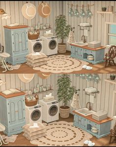 two pictures of the same room with different furniture and appliances in it, including a washer and dryer