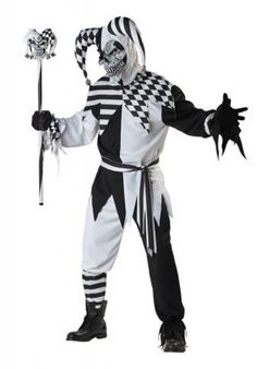 a man dressed in a clown costume holding two swords