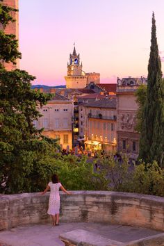 a woman standing on top of a stone wall next to trees and buildings in the background