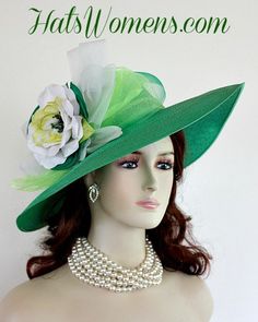 "Ladies Kelly Green Wide Brim Formal Fashion Kentucky Derby Hat With Expensive Silk Millinery Flowers. This Custom Made Women's Designer Hat Is Embellished With A Large Kelly Green Crinoline Horsehair Bow, Mixed With A Lime Green Organza Bow. Beautiful Silk Handmade White, Lime And Kelly Green Flowers Are Placed In The Center Of This Bow.  A Hand Dyed Beaded Lime Green Velvet Trim Encircles The Crown Of This Fashion Hat. This Gorgeous Designer Hat Is Suited For A Bride To Be On Her Wedding Day, Derby Dresses And Hats Outfit, Special Occasion Hats, Mother Of The Bride Hats, Custom Made Hats, Church Weddings, Organza Bow, Horse Races, Millinery Flowers, Occasion Hats