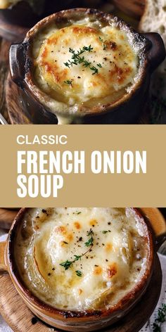 french onion soup in a bowl on a wooden board