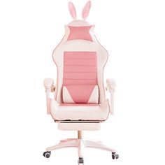 a pink and white office chair with bunny ears on the headrest, sitting in front of a white background