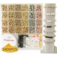 various beads and bracelets are displayed in the package