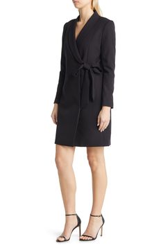 Chic sophistication defines this gracefully side-tied coat-dress cut from soft crepe. 36 1/2" length (size 8) Shawl collar Surplice V-neck Long sleeves Lined 89% polyester, 11% elastane Dry clean Imported Elegant Office Outerwear With Tie Waist, Elegant Spring Outerwear With Tie Waist, Elegant V-neck Blazer Dress For Career, Elegant Knee-length Outerwear For Evening, Elegant Knee-length Evening Outerwear, Elegant Knee-length Belted Blazer Dress, Elegant Knee-length Black Outerwear, Elegant Black Knee-length Outerwear, Elegant Long Coat With Tie Waist