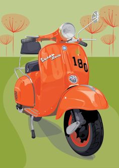 an orange scooter is parked in the grass