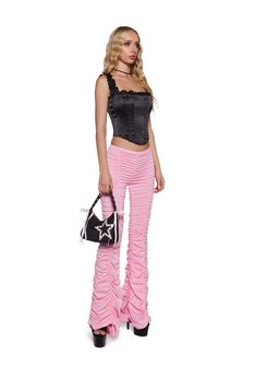 cuz show up and show out. These pants have stretchy ruched construction, a flare leg, and a slip on fit. Trendy Ruched Stretch Bottoms, Trendy Stretch Ruched Bottoms, Pink Ruffled Bottoms For Night Out, Trendy Ruffled Stretch Pants, Fitted Ruched Pink Bottoms, Trendy Stretch Pants With Ruffles, Trendy High Waist Ruched Pants, Ruched Party Pants, Trendy Ruched Pants For Spring