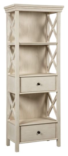 a white bookcase with three drawers