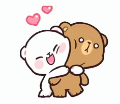 a couple of teddy bears hugging each other with hearts flying around the back and behind them