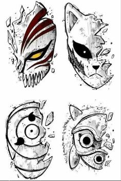 four different drawings of cartoon faces with eyes and mouths, one is drawn in black ink