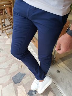 GentWith Ely Navy Blue Slim Fit Cotton Pants Casual Slim Blue Pants, Slim Blue Pants For Spring, Casual Slim Work Pants, Casual Slim Workwear Pants, Blue Slim Fit Casual Dress Pants, Casual Slim Fit Blue Chinos, Business Casual Denim Blue Pants With Pockets, Blue Pants With Welt Pockets For Summer, Blue Stretch Tapered Leg Bottoms