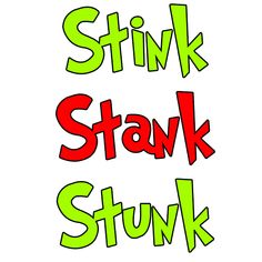 the words stink, stak, stuk are in red and green on a white background