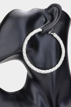 Rhinestone Embellished Hoop Earrings Size : 0.25" X 3" Omega Back Lead and Nickel Compliant Hoop Earrings, Silver