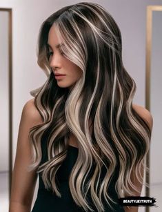 Gothic Balayage Hair, Long Haircut Color Ideas, Hairstyles For Highlighted Hair, Brown And Platinum Hair Highlights, Brunette With Blonde Halo, Platinum Highlights Brown Hair, Dark Brown With Blonde Highlights Short, Balayage Hair Blonde Platinum, Ash Blonde And Black Hair