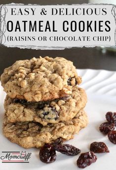 three oatmeal cookies stacked on top of each other with raisins