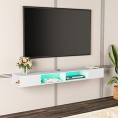 a flat screen tv mounted to the side of a wall next to a potted plant