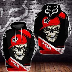 RED HAT SKULL WITH F X     3D HOODIE 4352T Custom Hoodie, Black Slacks, 3d Hoodie, Red Hat, Fox Racing, Everyday Activities, Custom Hoodies, Red Hats, School Work