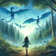 a girl is walking through the woods with two dragon flying over her and another creature in the distance