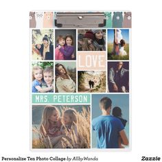 a family photo collage with the words love and photos in green, pink, blue and white