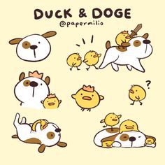 some cute little dogs and chickens with different expressions on their faces, including the words duck and