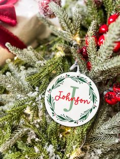 a christmas ornament hanging from the top of a tree