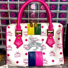 Extremely Flawless! Rare Find! White Luxury Bag With Logo, Luxury White Bag With Logo, Luxury White Bags With Logo, Luxury White Bag With Monogram Print, White Monogram Print Bag For Everyday Use, Mcm Bags, Limited Editions, Limited Time, Pink White