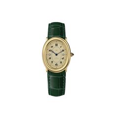 This vintage-inspired timepiece features a creamy latte dial with graceful numerals, mysterious deep blue hands, and an elegant textured strap. The golden steel case beautifully complements the deep green strap, showcasing timeless elegance that withstands the test of time. Case: 24mm steel case with polished and satin Classic Yellow Gold Oval Watch, Classic Oval Yellow Gold Watch, Oval Quartz Watch For Formal Occasions, Elegant Oval Watches For Evening, Diamond Watch, Crystal Bracelet, Lush Green, Deep Green, The Deep