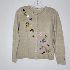 Vintage Marisa Christina Womens Spring Flower Butterflies Knitted Cardigan Small. This cardigan is thinner and light weight. Please see photos for more details. Thank you! Spring Beige Embroidered Cardigan, Beige Embroidered Cardigan For Spring, Spring Casual Embroidered Cardigan, Casual Embroidered Spring Cardigan, Spring Beige Sweater With Floral Embroidery, Beige Floral Embroidery Sweater For Spring, Spring Crew Neck Knitted Cardigan, Spring Knitted Crew Neck Cardigan, Spring Beige Crew Neck Cardigan