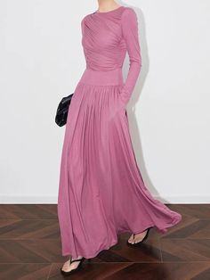 Olivia Mark - Vintage Elegant Slim Fit Muslin Dress Feminine Long Sleeve Ruched Maxi Dress, Pink Long Sleeve Non-stretch Maxi Dress, Pink Non-stretch Long Sleeve Maxi Dress, Fitted Pink Pleated Maxi Dress, Wraparound Dress, Muslin Dress, Ladies Wear, French Retro, Wrap Around Dress